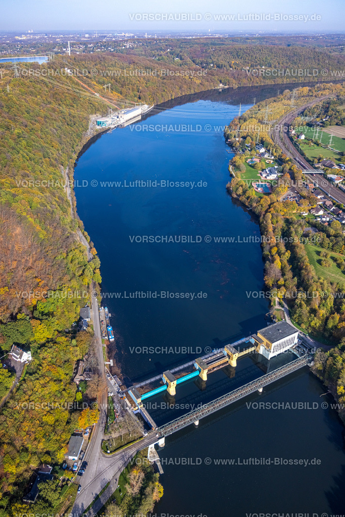 Herdecke221017018 | Luftbild, Wehr Hengstey Laufwasserkraftwerk, Hengsteysee, Koepchenwerk RWE Pumpspeicherkraftwerk, Ardeygebirge Herbstfarben, Herdecke, Ruhrgebiet, Nordrhein-Westfalen, Deutschland