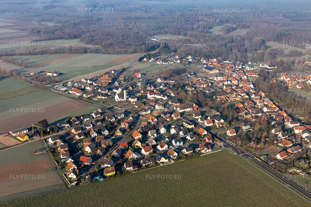 Vue aérienne: Vue de la ville à Scheibenhard dans le département Bas Rhin, France. Photo: IMG_124054.jpg prise le 11/01/2021 par Werner Riehm/FLY-FOTO.euRésolution de l'original: 5472 x 3648 px