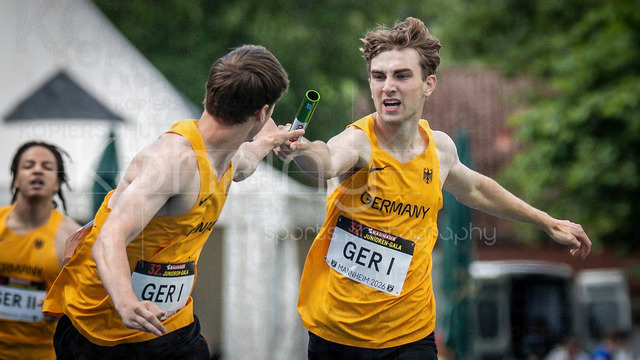 Juniorengala 2026; Mannheim, 14.06.2026 | MANNHEIM, GERMANY - JUNE 14, 2026 : Lennox Schmidt (GER/SCC Berlin) of relay team Germany I competing during the Juniorengala 2026 at Michael-Hoffmann-Stadion on June 14, 2026 in Mannheim, Germany.