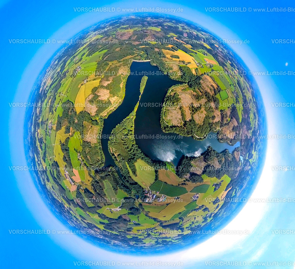 Ennepetal240890793Ennepetalsperre_Breckerfeld | Luftbild, Ennepetalsperre mit Staumauer in Breckerfeld umgeben von Wiesen und Feldern, Waldschäden, Erdkugel, Fisheye Aufnahme, Fischaugen Aufnahme, 360 Grad Aufnahme, tiny world, little planet, fisheye Bild, Rüggeberg, Ennepetal, Ruhrgebiet, Nordrhein-Westfalen, Deutschland