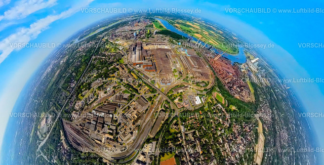 Duisburg230790200_ThyssenKruppSteel | Luftbild, Thyssenkrupp Steel Europe AG, Erdkugel, Fisheye Aufnahme, Fischaugen Aufnahme, 360 Grad Aufnahme, tiny world, Marxloh, Duisburg, Ruhrgebiet, Nordrhein-Westfalen, Deutschland