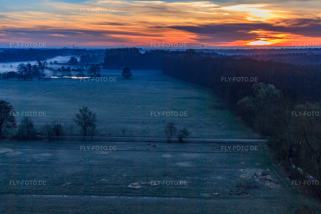 Luftbild: Otterbachniederung im Morgendunst bei Sonnenaufgang in Minfeld im Bundesland Rheinland-Pfalz in Deutschland. Foto: IMG_62998.jpg vom 20.03.2014 durch Werner Riehm/FLY-FOTO.de