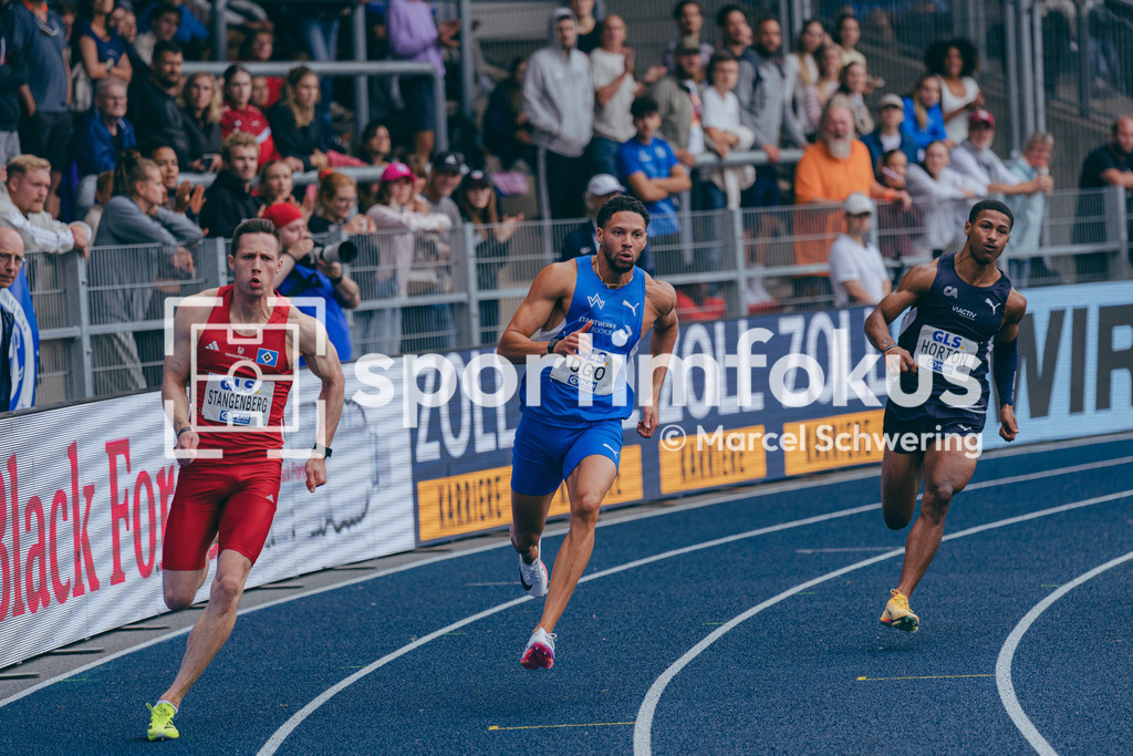 Deutsche Meisterschaften der Frauen und Männer 2026 | Malte Stangenberg, Hamburger SV, Kevin Ugo, TV Wattenscheid 01, Kameron Horton, Cologne Athletics, 200-Meter-Lauf, Halbfinale, Deutsche Meisterschaften der Frauen und Männer 2026, Lohrheidestadion Bochum-Wattenscheid, 26.07.2026. Foto: Marcel Schwering / sportimfokus - Realisiert mit Pictrs.com