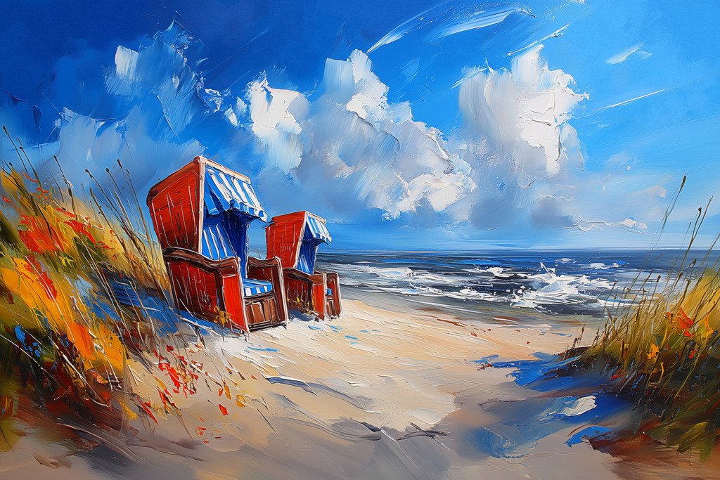 2605017 - Strandkörbe in den Dünen | Zwei rot-blaue Strandkörbe stehen im hohen Dünengras vor einer bewegten Meereskulisse. Das Bild lebt von der intensiven Farbdynamik zwischen dem tiefblauen Himmel und den leuchtenden Sandtönen. Die Oberflächen wirken reliefartig und kräftig, was der Szene eine starke Präsenz und Tiefe verleiht.