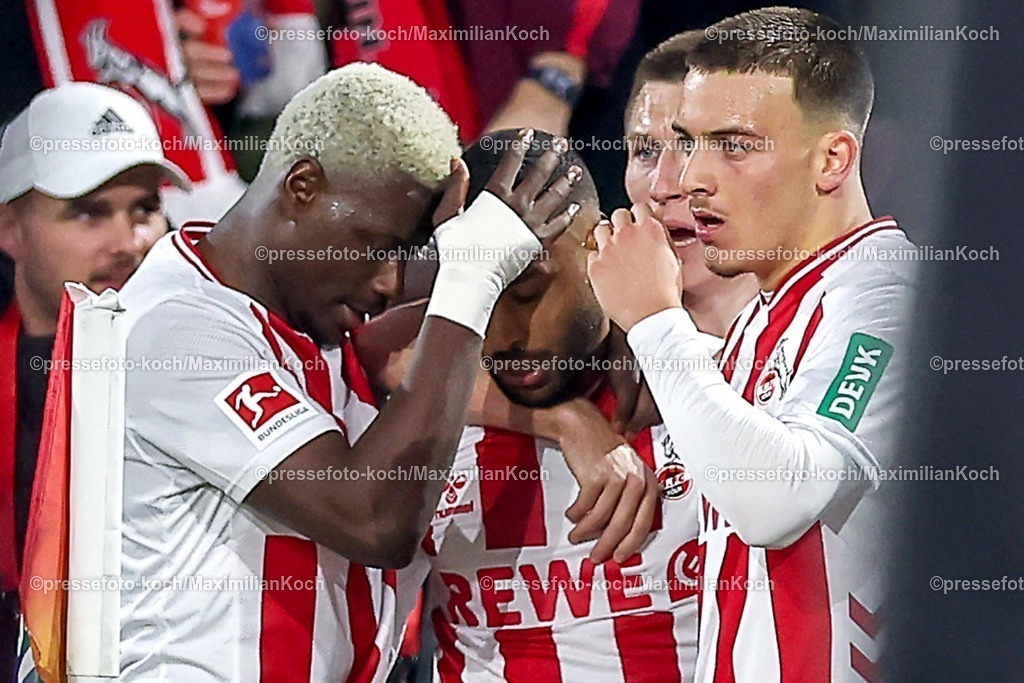 1FC14012601032 | 14.01.2026, Fußball, 1. FC Köln - FC Bayern München, 1. Fußball Bundesliga, 17. Spieltag, RheinEnergie-STADION, Saison 2025 2026: Torjubel nach dem Tor zum 1:0 durch Torschütze Linton Maina (1FC Koeln #37)  zusammen mit Ragnar Ache (1FC Koeln #09) Said El Mala (1FC Koeln #13)   DFB regulations prohibit any use of photographs as image sequences and or quasi-video.