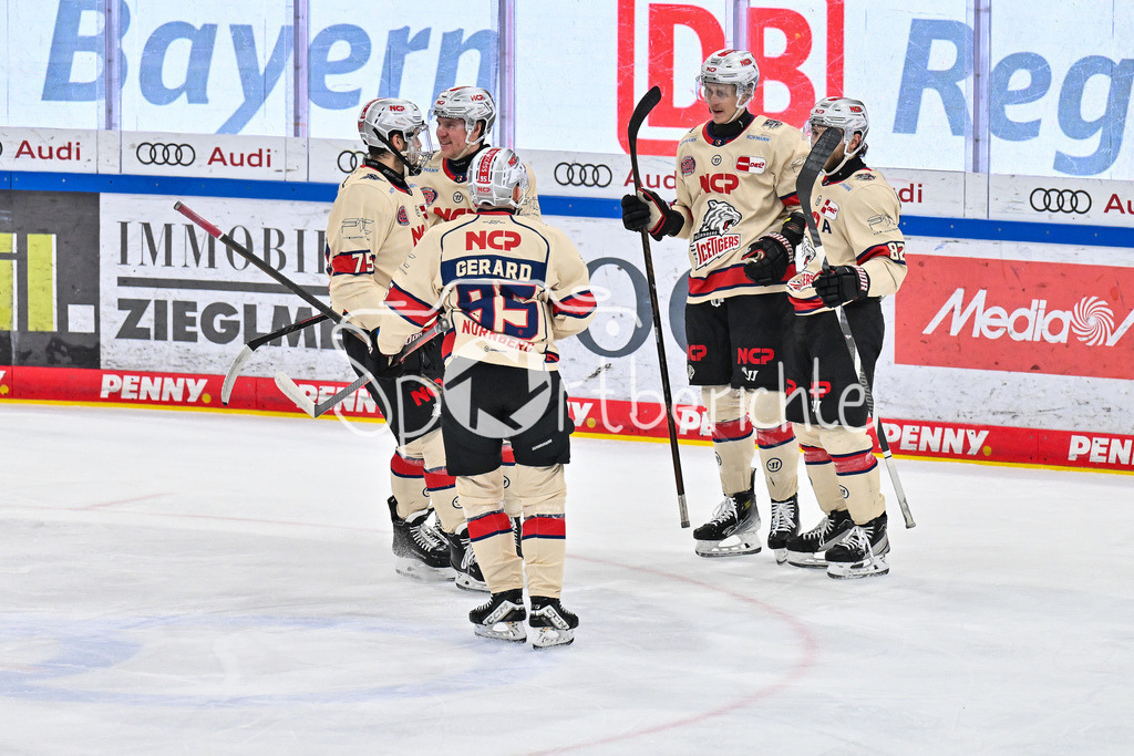 ERC Ingolstadt - Nuernberg Ice Tigers | Jubel der Gaeste nach dem Treffer zum 1-1 durch Will GARBER (Nuernberg Ice Tigers 77) / Tor / Torschuetze / Freude / Happy / DEL: ERC Ingolstadt - Nuernberg Ice Tigers, Saturn Arena am 21.03.2025