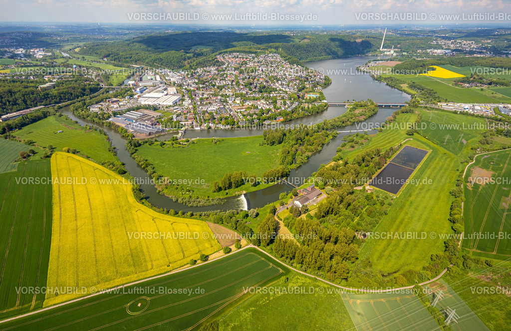 Wetter230503083 | Luftbild, Ortsansicht Wetter, Fluss Ruhr und Obergraben, Gemeinschaftswasserwerk Volmarstein, Harkortsee, Rapsfelder, Wetter, Ruhrgebiet, Nordrhein-Westfalen, Deutschland