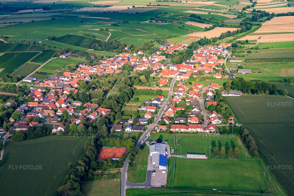 Luftbild: Dorfansicht von Westen in Dierbach im Bundesland Rheinland-Pfalz in Deutschland. Foto: IMG_44222.jpg vom 17.08.2011 durch Werner Riehm/FLY-FOTO.de