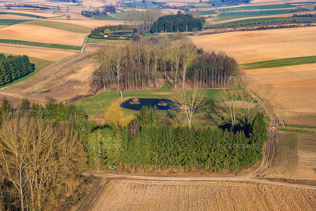 Aerial view: Pond at Muelbach in Seebach in the state Bas-Rhin, France. – Photo: IMG_62680.jpg taken on 03/09/2014 by Werner Riehm/FLY-FOTO.com – Resolution of the original: 4752 x 3168 px