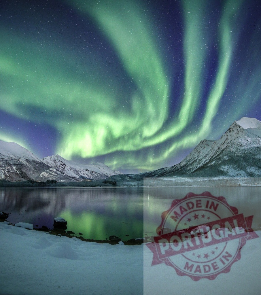 Aurora borealis covering a snowy lake and mountains | Aurora borealis creating green light over a winter landscape with reflections in calm water - Realisiert mit Pictrs.com