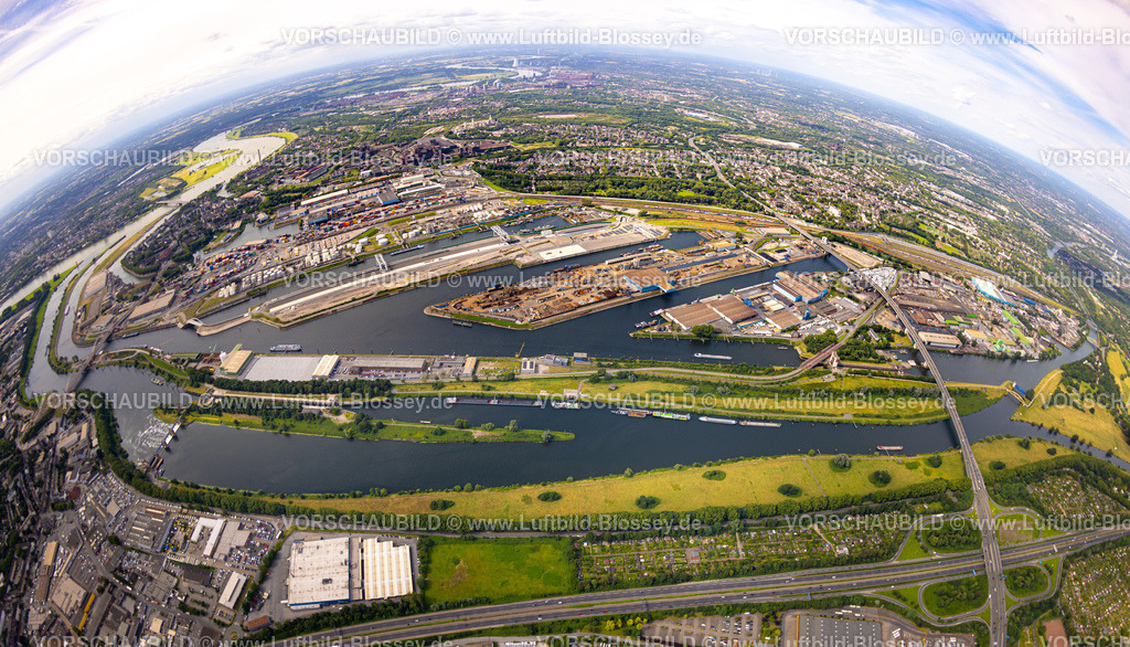 Duisburg240705413-Nord | Luftbild, Duisburger Hafen, duisport fish-eye, Duisburg-Nord Hafengebiet mit Ölinsel, Kohleninsel und Schrottinsel, Autobahn A59 und Autobahn A40 mit Autobahnkreuz Duisburg, Fluss Ruhr und Rhein-Herne-Kanal, links der Fluss Rhein und Fluss Ruhr Mündungsgebiet, Erdkugel, Fisheye Aufnahme, Fischaugen Aufnahme, 360 Grad Aufnahme, tiny world, little planet, fisheye Bild, Ruhrort, Duisburg, Ruhrgebiet, Nordrhein-Westfalen, Deutschland