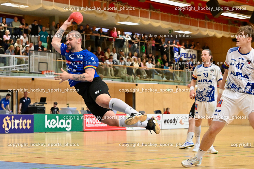 SC Ferlach vs. ALPLA HC Hard | #81 Milicevic Micha SC Ferlach, #47 FRITSCH Lukas SC Hard, #19 SCHNABL Nico SC Hard, SC Ferlach vs. ALPLA HC Hard, SC Ferlach vs. ALPLA HC Hard am 05.04.2025 in Ferlach (Ballspielhalle Ferlach), Austria, (Photo by Bernd Stefan)