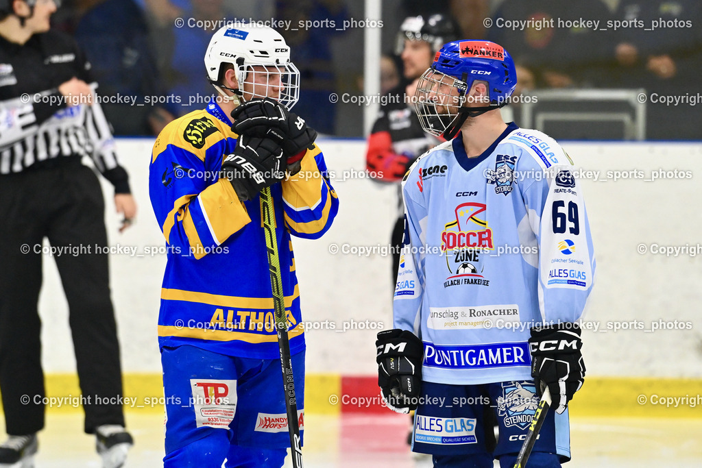EHC Althofen vs. ESC Steindorf 6.3.2024 | #63 Hammerle Simon EHC Althofen, #69 Kreuzer Philipp ESC Steindorf, EHC Althofen vs. ESC Steindorf 6.3.2024, EHC Althofen vs. ESC Steindorf am 06.03.2024 in Althofen (Stadthalle Althofen ), Austria, (Photo by Bernd Stefan)