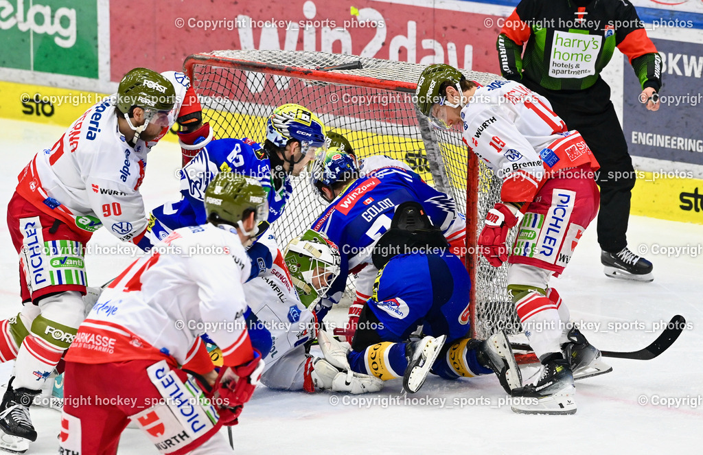 EC VSV vs. HC Bozen 16.2.2024 | #90 Di Perna Dylan, #62 Tyler Steenbergen, #74 Golod Maxime, #19 McClure Brad, EC VSV vs. HC Bozen 16.2.2024, EC VSV vs. HC Bozen 16.2.2024 am 16.02.2024 in Villach (Stadthalle Villach), Austria, (Photo by Bernd Stefan)
