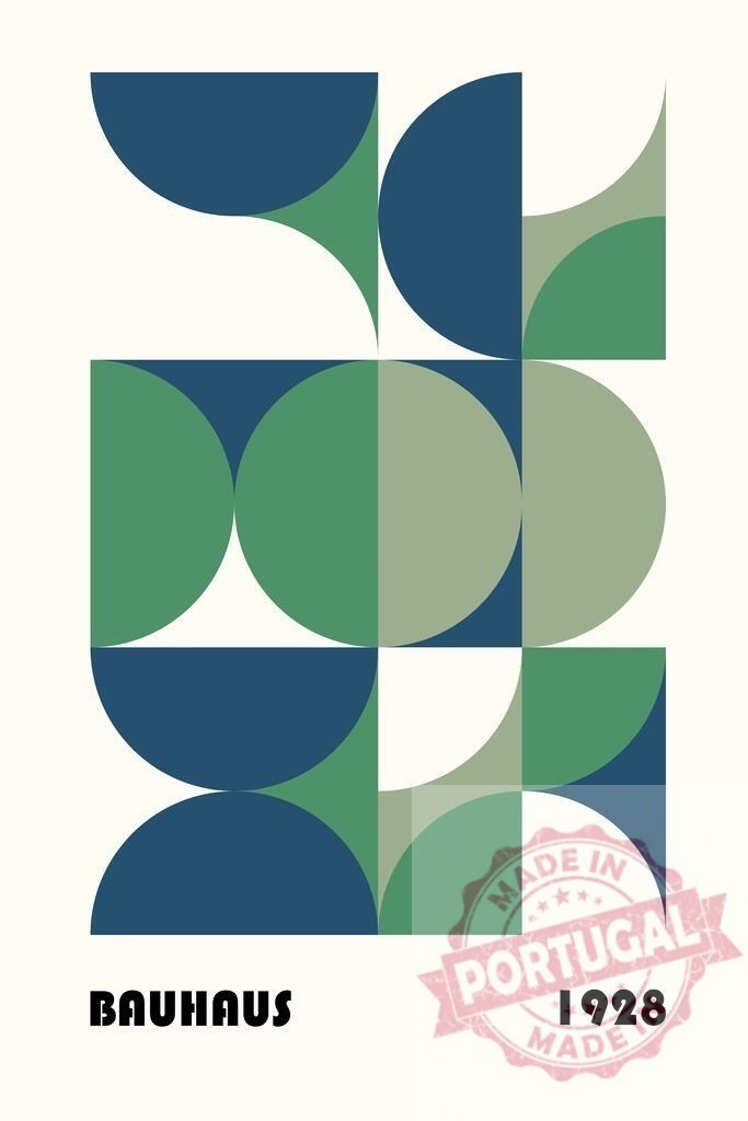 Bauhaus abstract geometric pattern creating a modern design | Bauhaus 1928 poster design featuring abstract geometric shapes in blue and green - Realisiert mit Pictrs.com