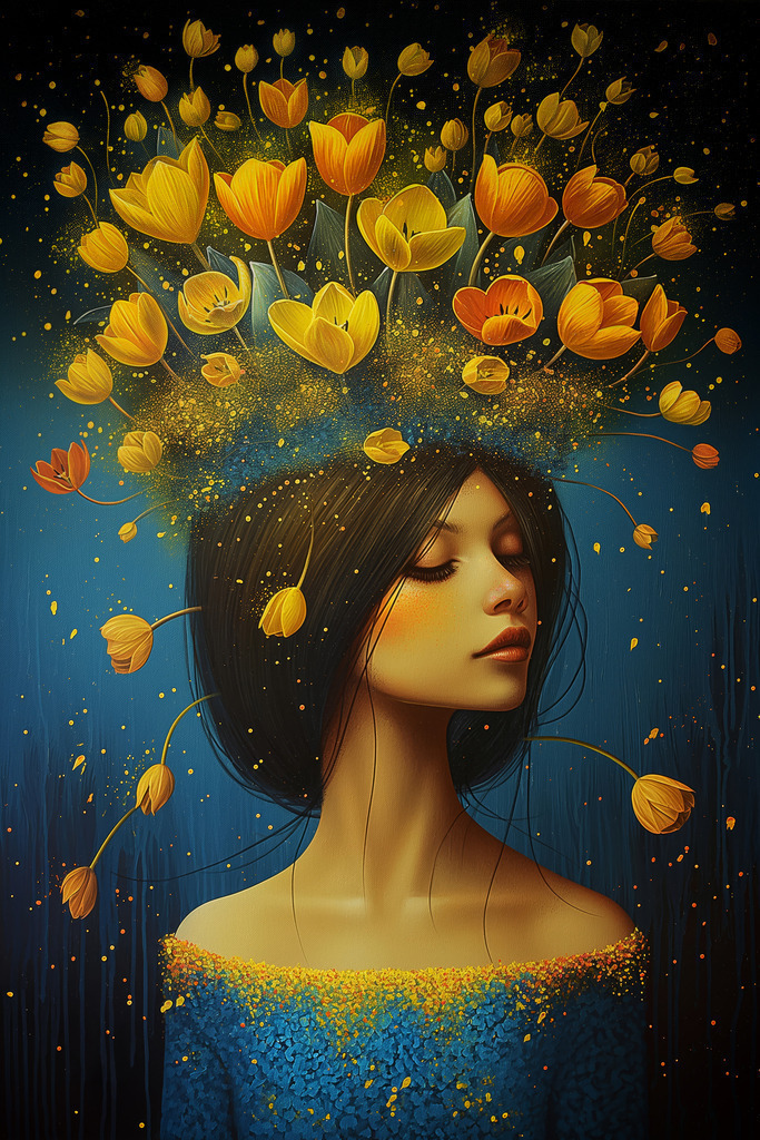 2412005 - Frau mit gelben Tulpen | Porträt einer Frau mit einer Krone aus gelben Tulpen im Stil eines Gemäldes.