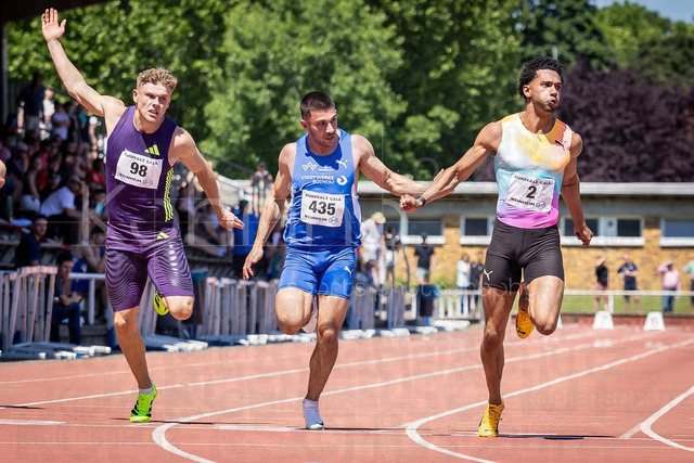 B&amp;S Kurpfalz Gala; Weinheim, 23.05.2026 | WEINHEIM, GERMANY - MAY 24: Jakob Kemminer (GER/LAC Quelle Fürth), Deniz Almas (GER/TV Wattenscheid 01) and Joshua Hartmann (GER/ASV Köln e. V.) in the 100m heats during the B&amp;S Kurpfalz Gala am 23.05.2026 at the  Sepp-Herberger-Stadium in Weinheim (Baden-Wuerttemberg / Germany).