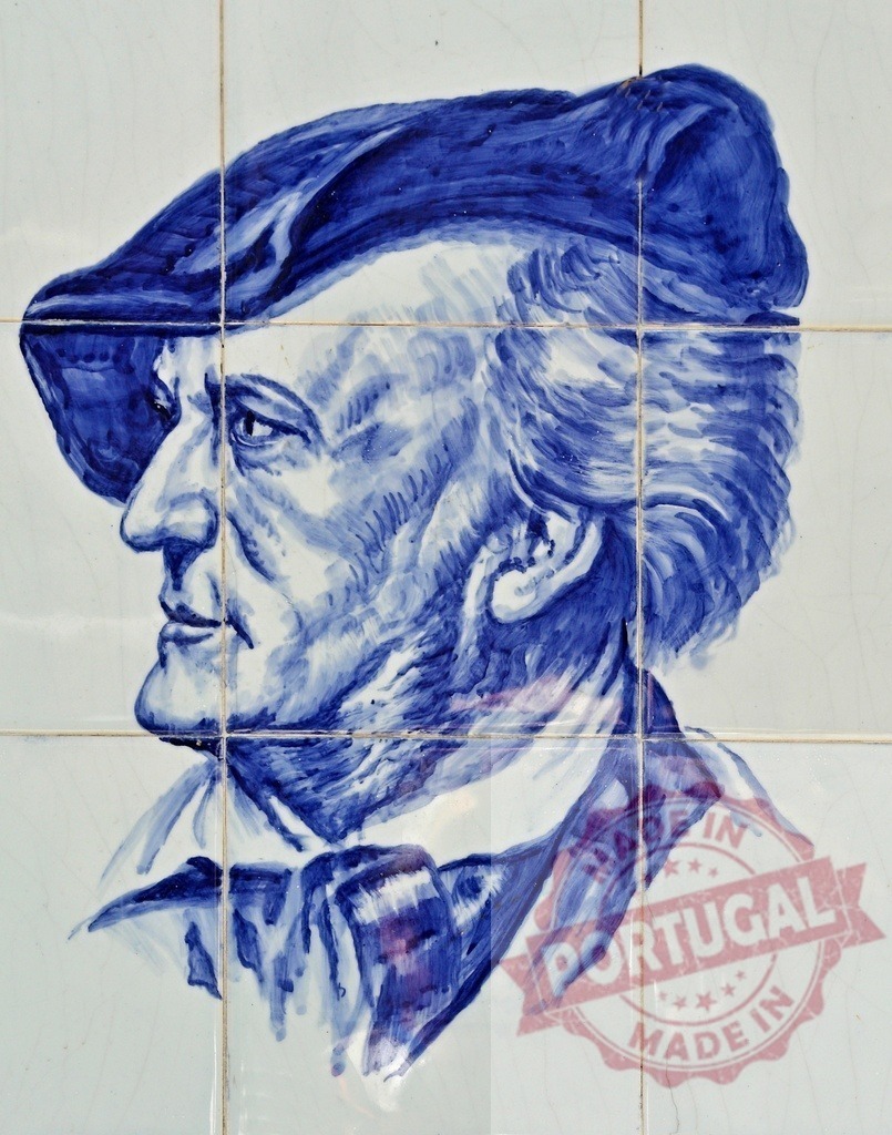 Azulejo portrait of Ludwig van Beethoven wearing a blue hat | Traditional portuguese azulejo tile portrait of Ludwig van Beethoven wearing a blue hat - Realized with Pictrs.com