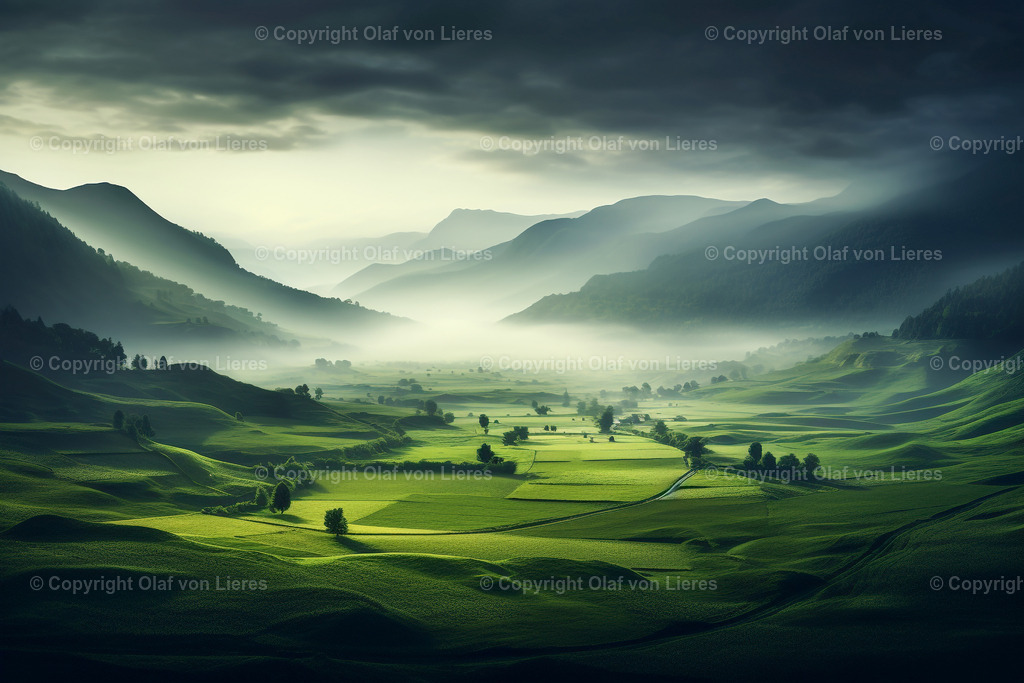 Landschaft mit grünen Wiesen | Blick ins Tal mit Nebel