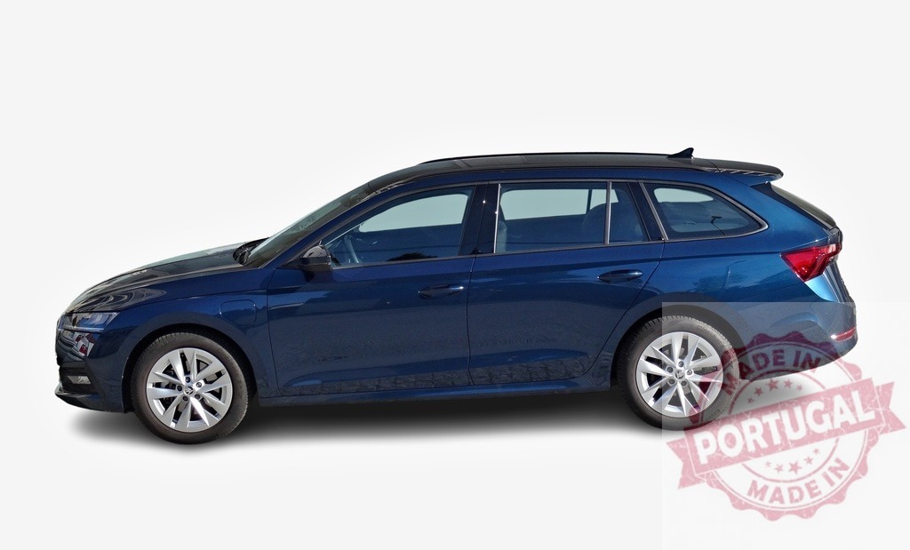 Skoda Octavia Combi 2023 in Lava Blue: showcasing modern automotive design | Studio shot featuring side view of Skoda Octavia Combi 2023 in Lava Blue, highlighting sleek design and family-friendly practicality - Realized with Pictrs.com