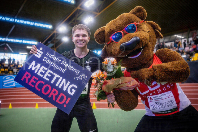 Indoor Meeting Dortmund, 08.02.2026 | DORTMUND, GERMANY - FEBRUARY 8:  1500m meeting record of Håkon  Moe Berg (NOR) 3:34,02 during the Indoor Meeting Dortmund at the Helmut-Koernig-Halle on February 8, 2026 in Dortmund, Germany. (Photo by Axel Kohring/Beautiful Sports Int.)