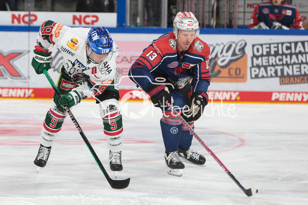 Nuernberg ICE Tigers - Augsburger Panther | Justin VOLEK (AEV #9) im Duell mit Ryan STOA (NIT #13)