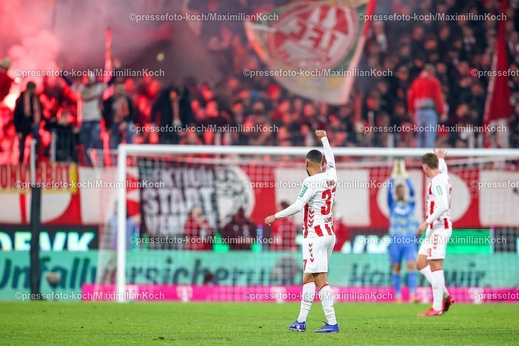 1FC14012601035 | 14.01.2026, Fußball, 1. FC Köln - FC Bayern München, 1. Fußball Bundesliga, 17. Spieltag, RheinEnergie-STADION, Saison 2025 2026: Torjubel nach dem Tor zum 1:0 durch Torschütze Linton Maina (1FC Koeln #37)  zusammen mit Sebastian Sebulonsen (1FC Koeln #28)   DFB regulations prohibit any use of photographs as image sequences and or quasi-video.