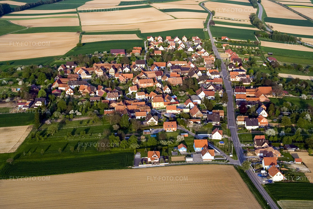 Aerial view: Agricultural fields and arable land in Hoffen in the state Bas-Rhin, France.Photo: IMG_10636.jpg taken on 05/04/2008 by Werner Riehm/FLY-FOTO.comResolution of the original: 3456 x 2304 px