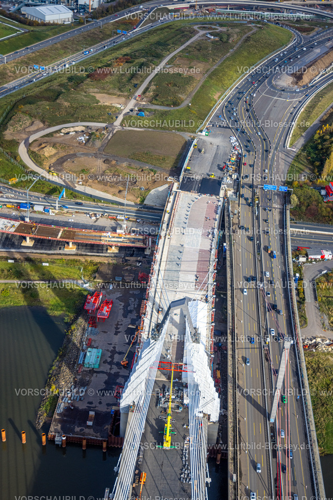 Koeln231100723RheinbrueckeMerkenich | Luftbild, Baustelle Rheinbrücke Leverkusen der Autobahn A1 über den Fluss Rhein, Rheinaue Langel-Merzenich, Merkenich, Köln, Rheinland, Nordrhein-Westfalen, Deutschland