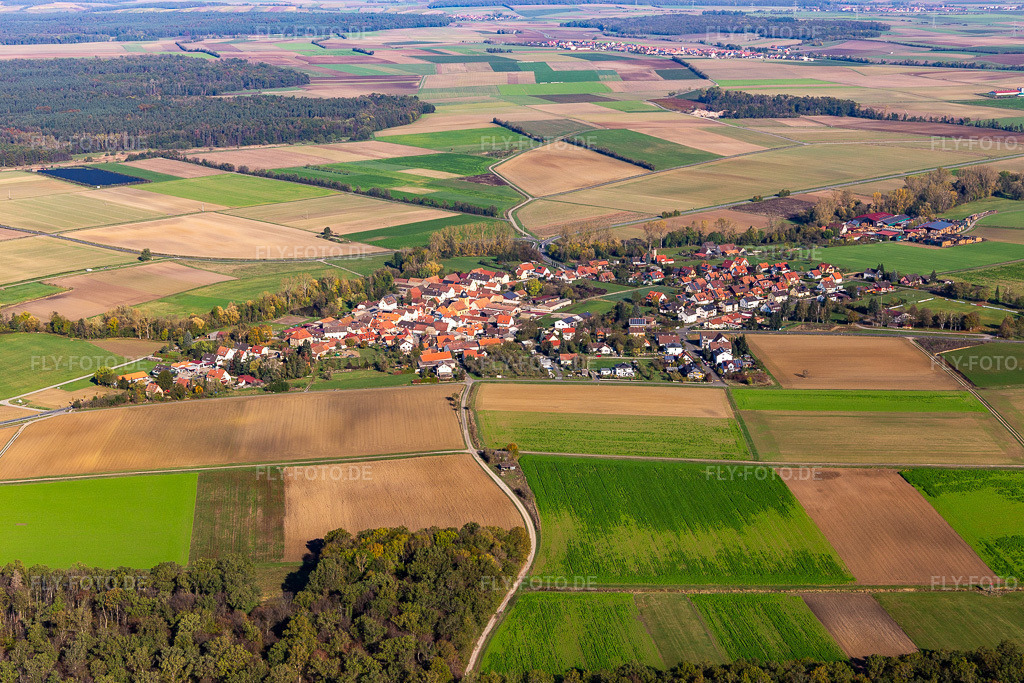 Luftbild: Ortsansicht von Süden im Ortsteil Reupelsdorf in Wiesentheid im Bundesland Bayern in Deutschland. Foto: IMG_119585.jpg vom 26.10.2019 durch Werner Riehm/FLY-FOTO.de