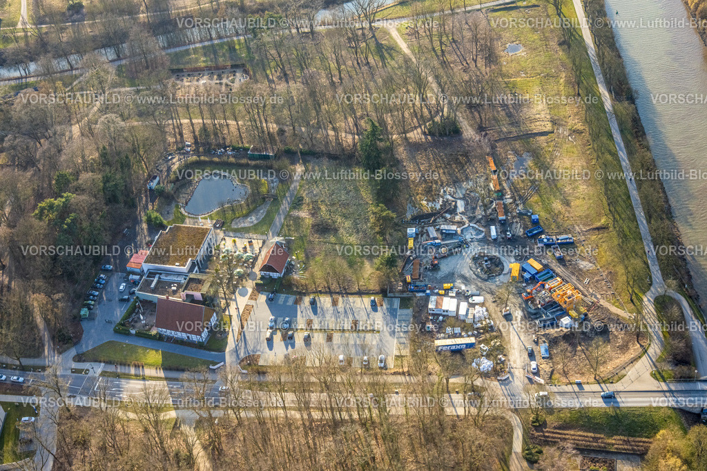 Hamm260203570 | Luftbild, TusÃª Altes Fährhaus Gasthaus, Aussengastronomie mit Sonnenschirmen, Fachwerkhaus, Bauplatz, Uentrop, Hamm, Ruhrgebiet, Nordrhein-Westfalen, Deutschland