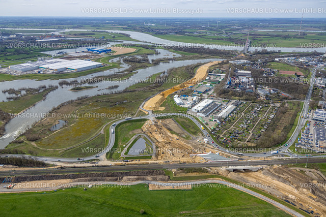 Wesel230300940 | Luftbild, Lippemündungsraum, Lippeaue, Baustelle und Neubau Erweiterung Bundesstraße B8,  Fusternberg, Wesel, Ruhrgebiet, Niederrhein, Nordrhein-Westfalen, Deutschland