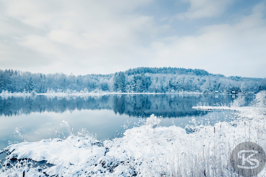 Winterstille am See – Verschneites Ufer mit Waldspiegelung | Ruhige Winterszene an einem stillen See mit verschneitem Ufer im Vordergrund. Der schneebedeckte Nadelwald am gegenüberliegenden Ufer spiegelt sich perfekt im glatten Wasser. Gefrorene Gräser und Schnee am Ufer bilden einen natürlichen Rahmen für diese friedliche Landschaft unter weichem Winterhimmel. - Realisiert mit Pictrs.com
