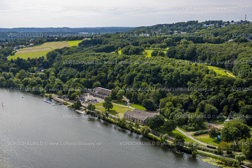 Witten250804990 | Luftbild, Zeche Gibraltar Erbstollen Gelände Oveney, Gibraltar Freizeitzentrum Kemnade Westufer, Gastronomie und Sonnenschirme, Bootsverleih, Bootshaus der Ruhr-Universität Bochum, Waldgebiet, Stiepel, Bochum, Ruhrgebiet, Nordrhein-Westfalen, Deutschland