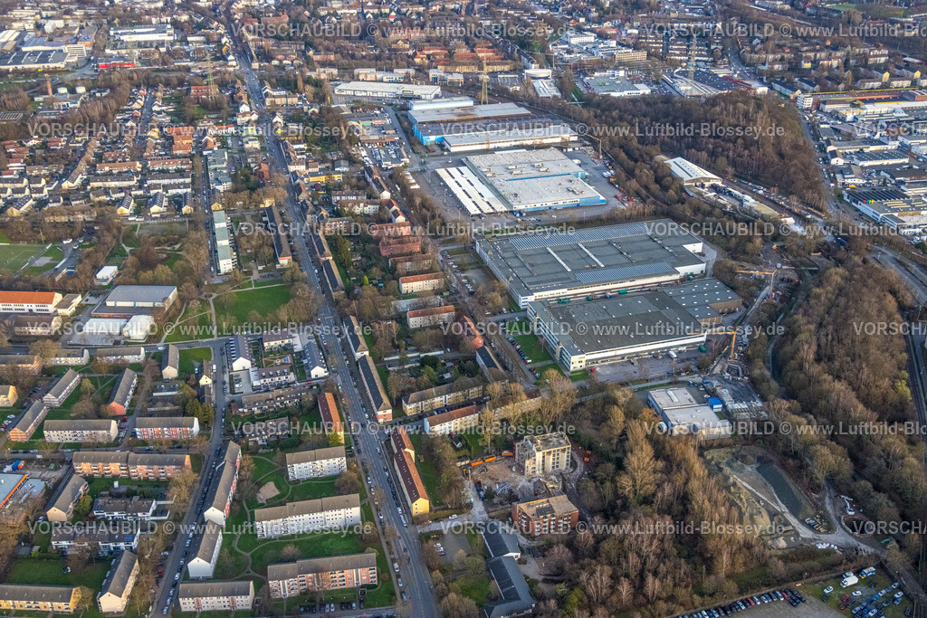 Essen230101350 | Luftbild, Gewerbegebiet Vogelheimer Straße, Abriss Papst Leo Haus, Vogelheim, Essen, Ruhrgebiet, Nordrhein-Westfalen, Deutschland