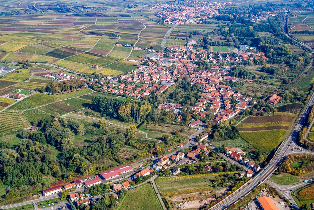 Luftbild: Ortsansicht jenseits der B10 von Südwesten in Siebeldingen im Bundesland Rheinland-Pfalz in Deutschland. Foto: IMG_8355.jpg vom 06.10.2007 durch Werner Riehm/FLY-FOTO.de