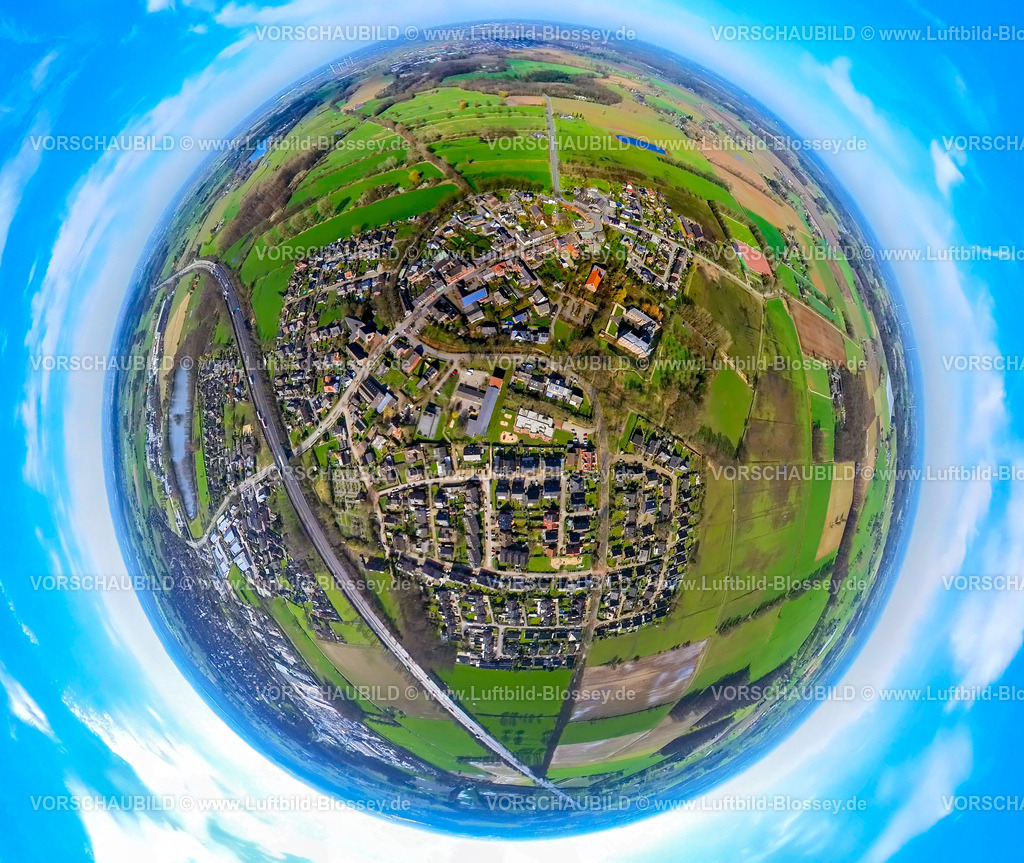 Hamminkeln240390094Ringenberg | Luftbild, Wohngebiet Ortsansicht Ortsteil Ringenberg umgeben von Wiesen und Feldern an der Autobahn A3, Erdkugel, Fisheye Aufnahme, Fischaugen Aufnahme, 360 Grad Aufnahme, tiny world, little planet, fisheye Bild, Ringenberg, Hamminkeln, Nordrhein-Westfalen, Deutschland