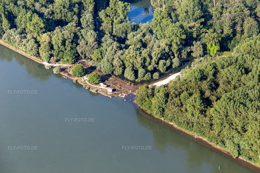Luftbild: Wegen Rheinhochwasser überflutete Anlegestelle der Leimersheimer Fähre in Leimersheim im Bundesland Rheinland-Pfalz in Deutschland. Foto: IMG_141810.jpg vom 18.06.2024 durch Werner Riehm/FLY-FOTO.de