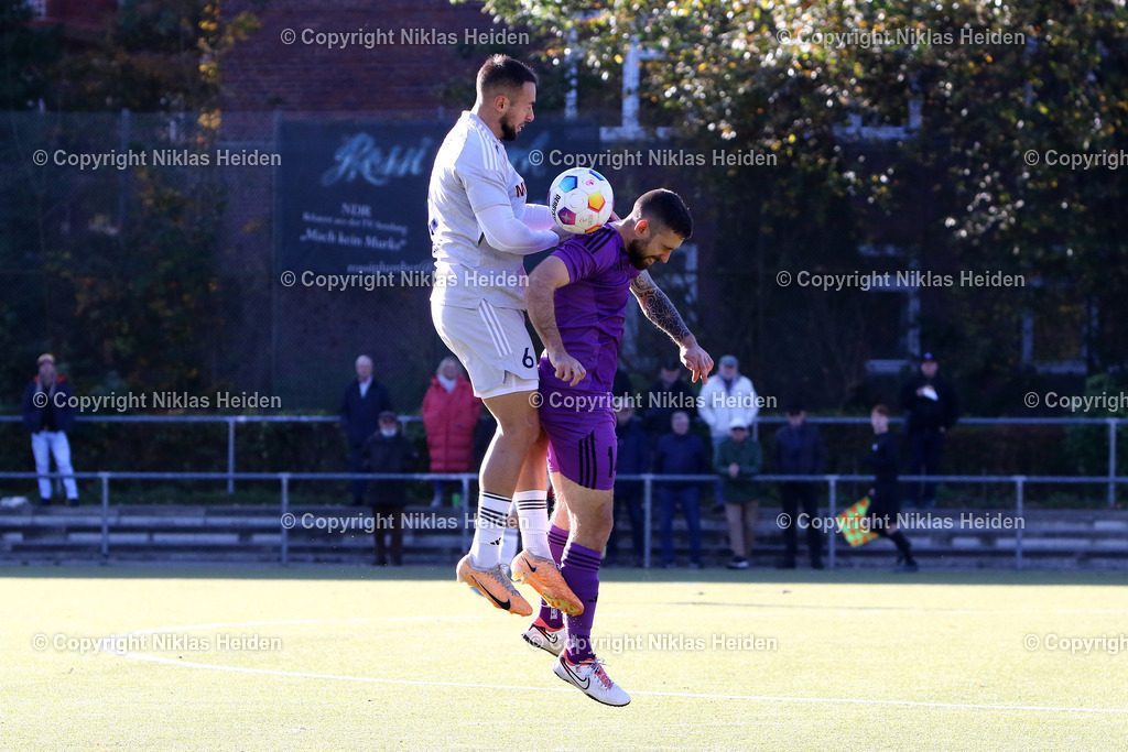 NH_HEBC_TuSDassendorf_OberligaHamburg_03112024 | #14 Raoul Bouveron (HEBC), #6 Kerim Gemil Carolus (TuS Dassendorf)Fußball I Herren I Gamesright Oberliga Hamburg I Saison 2024-2025 I 15. Spieltag I HEBC - TuS Dassendorf I 03.11.2024 I Reinmüllerplatz