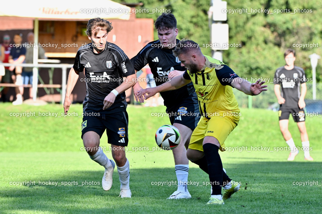 SV Arnoldstein vs. URC Thal Assling | #16 Luka Tolic SV Arnoldstein, #11 Pascal Oliver Kofler Thal Assling, #7 Florian Michael Huber Thal Assling, SV Arnoldstein vs. URC Thal Assling, SV Arnoldstein vs. URC Thal Assling am 09.08.2025 in Arnoldstein (Waldparkstadion Arnoldstein), Austria, (Photo by Bernd Stefan)