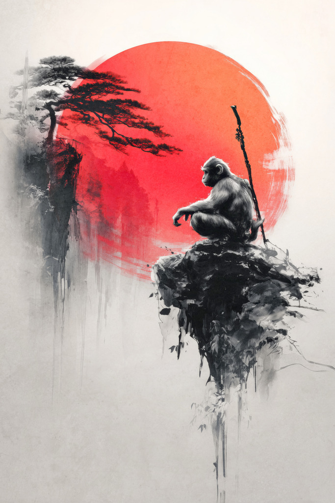 2603011 - Legende von Wukong | Mystisch, kraftvoll und voller fernöstlicher Symbolik – dieses ausdrucksstarke Motiv zeigt eine Darstellung aus der Legende von Wukong, dem berühmten Affenkönig aus der chinesischen Mythologie. Vor der leuchtend roten Sonne sitzt die Figur ruhig und wachsam auf einem Felsen, umgeben von minimalistischen Tuscheelementen im Stil traditioneller ostasiatischer Malerei.Das Bild verbindet Ruhe, Stärke und Spiritualität und eignet sich perfekt als stilvoller Blickfang für Wohnzimmer, Büro oder moderne Einrichtungen mit asiatischer Ästhetik.