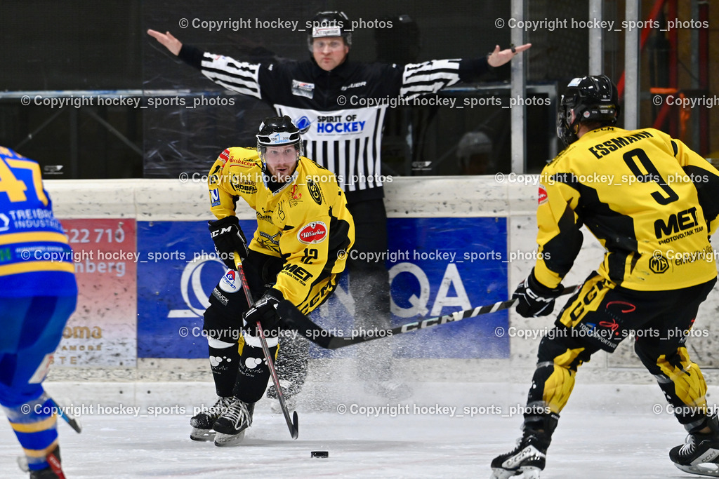 EC MET PHOTOVOLTAIK HORNETS SPITTAL vs. EHC Althofen  | #12 Glavic Gasper EC Hornets Spittal, #9 Essmann Kevin EC Hornets Spittal, SINTSCHNIG Christian Referee, EC MET PHOTOVOLTAIK HORNETS SPITTAL vs. EHC Althofen , EC MET PHOTOVOLTAIK HORNETS SPITTAL vs. EHC Althofen  am 25.01.2025 in Villach (Stadthalle Villach), Austria, (Photo by Bernd Stefan)