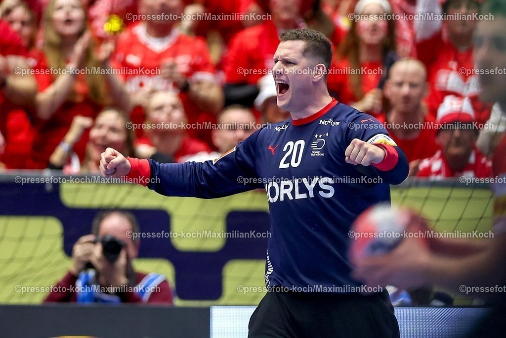 EHF01022602060 | 01.02.2026, Handball, Men's EHF EURO 2026, Deutschland - Dänemark, Jyske Bank Boxen in Herning, Final:  Kevin Moller (Denmark #20) jubelnd