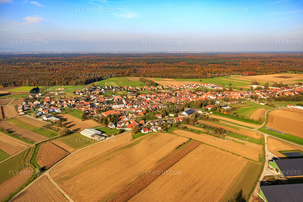 Aerial view: View of the town from the south in Niederlauterbach in the state Bas-Rhin, France. – Photo: IMG_075835.jpg taken on 11/02/2014 by Werner Riehm/FLY-FOTO.com – Resolution of the original: 5472 x 3648 px