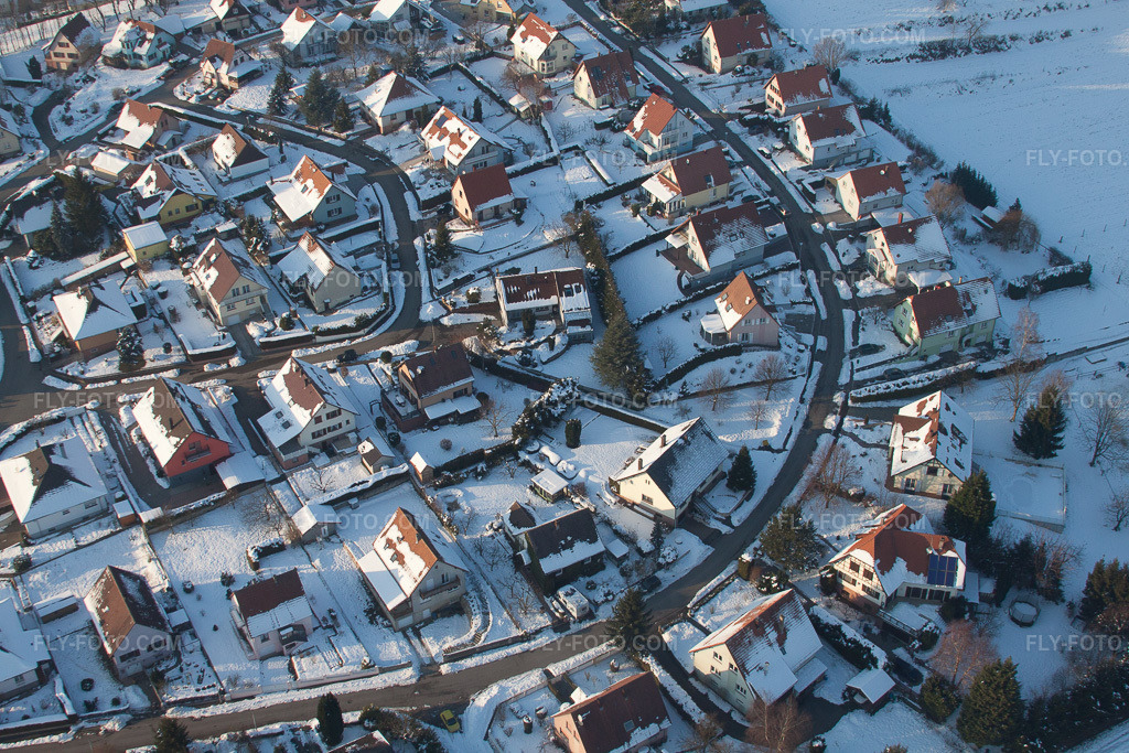 Aerial view: In winter when there is snow in Neewiller-près-Lauterbourg in the state Bas-Rhin, France.Photo: IMG_36669.jpg taken on 01/05/2011 by Werner Riehm/FLY-FOTO.comResolution of the original: 4752 x 3168 px