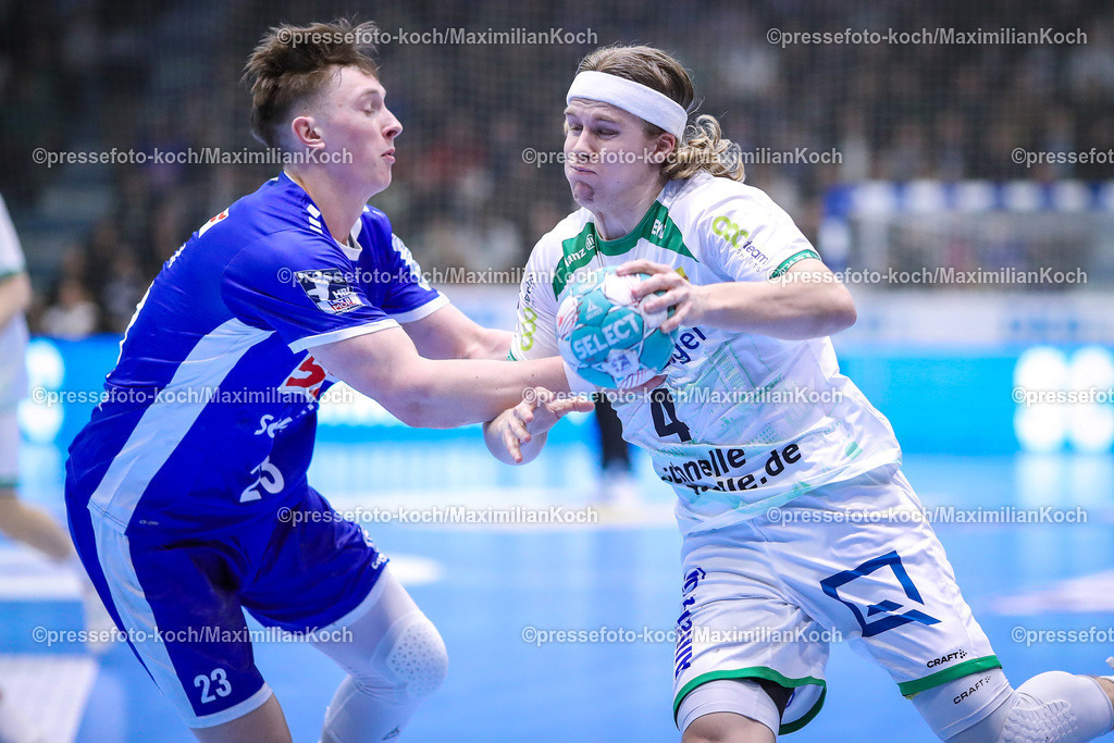Gum1HBL19022401016 | 19.02.2024, Gummersbach, Handball, Liqui Moly Bundesliga, Schwalbe-Arena, VfL Gummersbach - SC DHfK Leipzig: Ole Magnus Pregler (VfL Gummersbach) gegen Andri Runarsson (SC DHFK Leipzig)