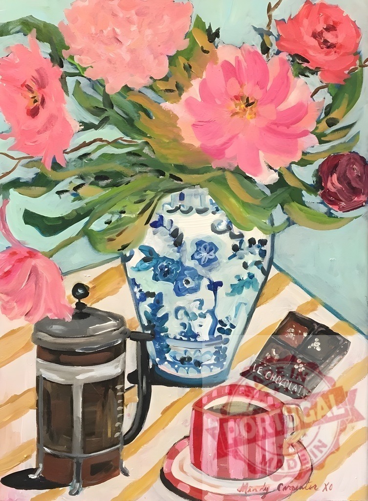 Still life painting with flowers coffee and chocolate | Still life painting featuring a vase of pink flowers, coffee, and chocolate on a striped tablecloth - Realized with Pictrs.com