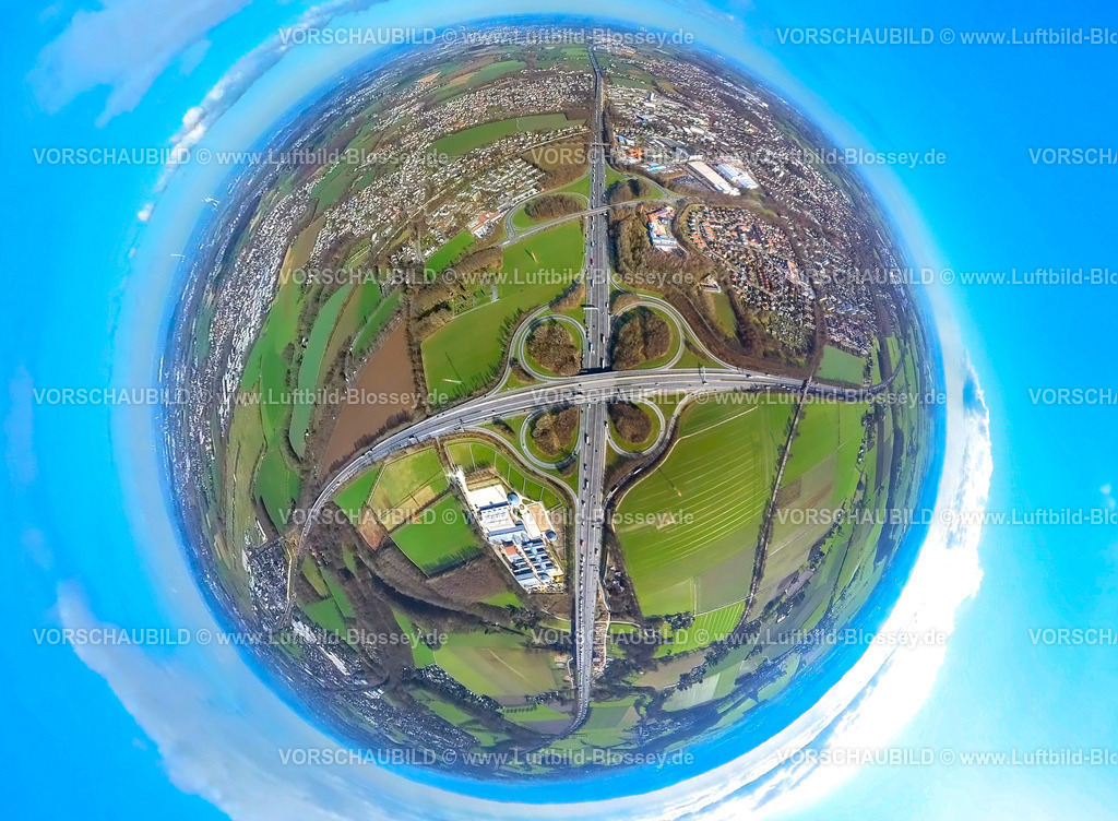 Unna230220012BAB_A1_A44 | Luftbild, Autobahnkreuz Dortmund/Unna, Autobahn A1 und Autobahn A44, Reitsportzentrum Massener Heide, Baustelle mit Ersatzneubau Liedbachtalbrücke der Autobahn A1, Reitsportzentrum Massener Heide, Erdkugel, Fisheye Aufnahme, Fischaugen Aufnahme, 360 Grad Aufnahme, Massen, Unna, Ruhrgebiet, Nordrhein-Westfalen, Deutschland