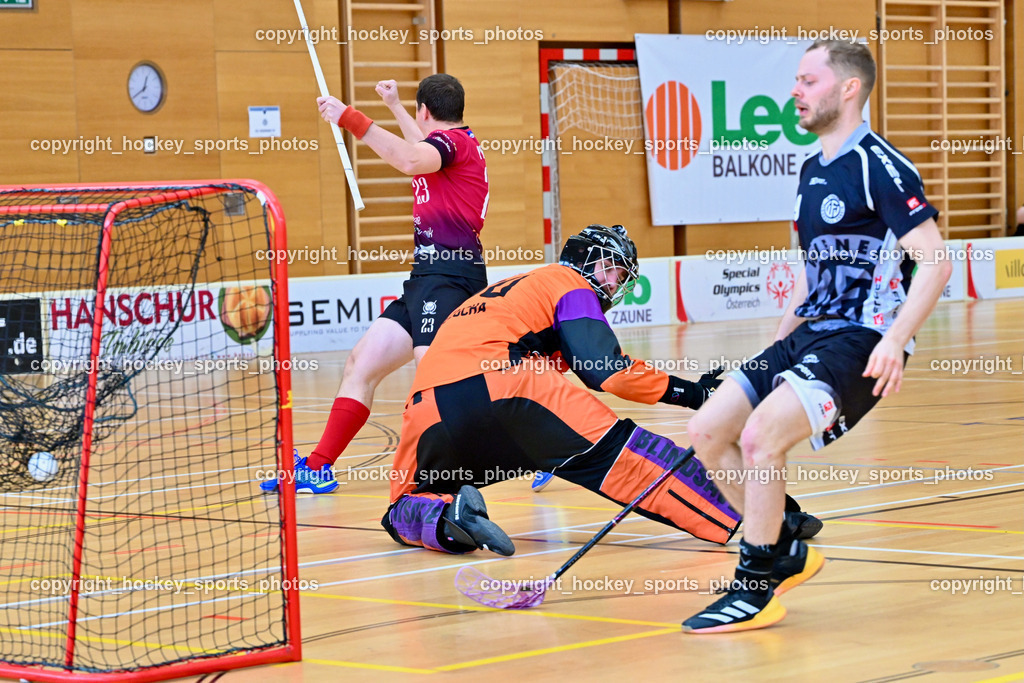 Wiener Floorball Verein vs. FBC BOROVNICA | #23 Miha Petric FBC Borovnica, Tor FBC Borovnica, #80 BEZUCHA Bernhard Wiener Floorballverein, #9 ZEHETNER Laurin Wiener Floorballverein, Wiener Floorball Verein vs. FBC BOROVNICA, Wiener Floorball Verein vs. FBC BOROVNICA am 23.03.2025 in Villach (Ballspielhalle St. Martin), Austria, (Photo by Bernd Stefan)