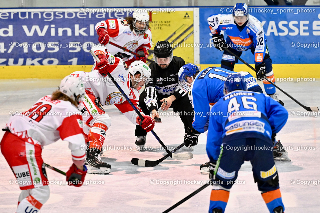 ESC Steindorf vs. ESV Ferlach  | SCHWEIGHOFER Mark Referee, #46 Maurer Julian ESC Steindorf, #72 Hobitsch Samuel ESC Steindorf, #9 Steiner Markus ESV Ferlach, ESC Steindorf vs. ESV Ferlach , ESC Steindorf vs. ESV Ferlach  am 15.02.2026 in Steindorf (Ossiachersee Halle), Austria, (Photo by Bernd Stefan)